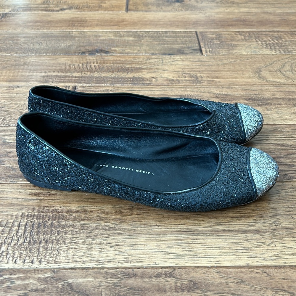 Giuseppe Zanotti Glitter Cap Toe Ballet Flats Black Silver Size 39 US Womens 9